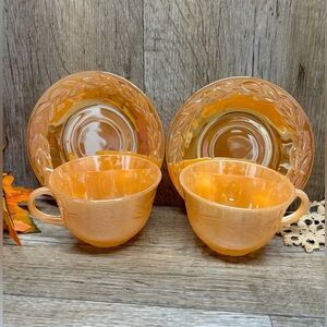 Vintage Fire-King Peach Luster 2  Teacups 2 Saucers Laurel Leaf Made In USA